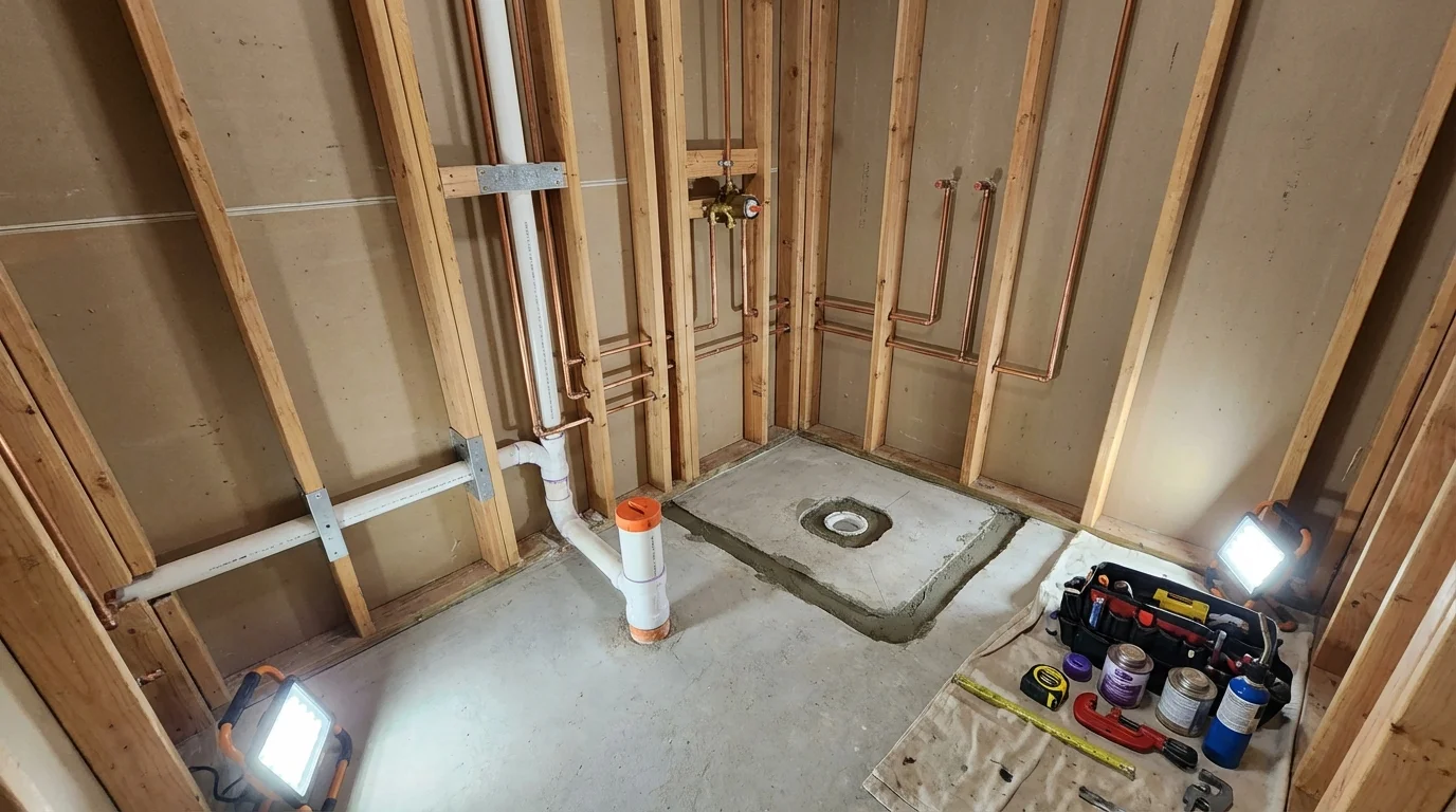 Bathroom rough-in plumbing during remodel by Johns Plumbing LLC in Silver Creek