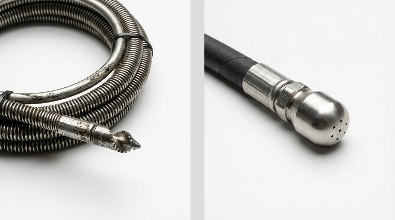 Drain snake cable and hydro jetting nozzle used for drain cleaning in Silver Creek, NY