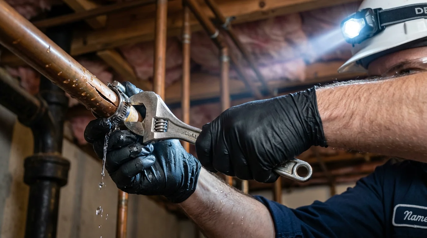 Emergency pipe clamp repair being performed by a Johns Plumbing LLC plumber in Silver Creek