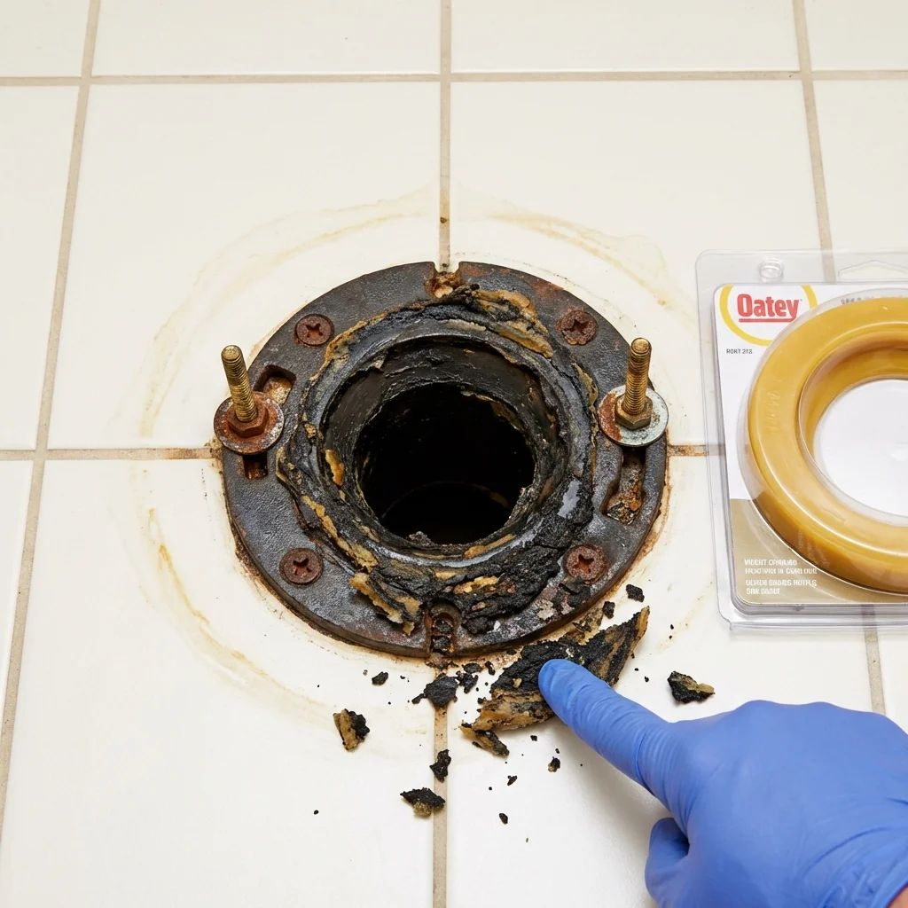 Failed wax ring showing water seepage at the base of a toilet in a Silver Creek, NY home