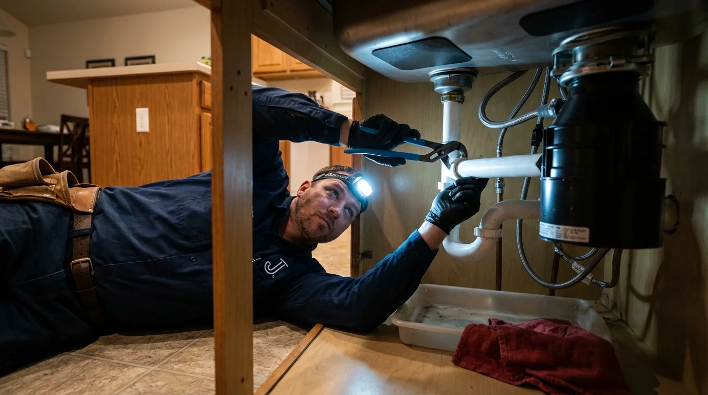 P-trap and supply line connections under a kitchen sink showing a common leak point in Silver Creek, NY